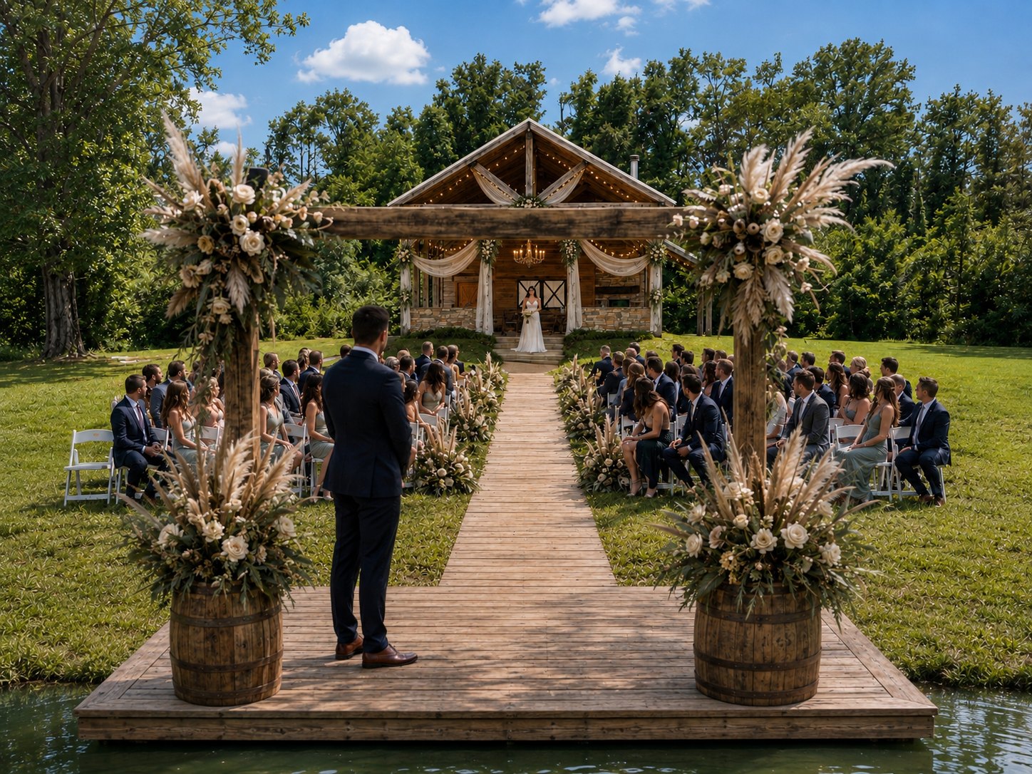 A micro-wedding ceremony seen from the pond deck — the aisle running up to the lit pavilion, guests seated either side