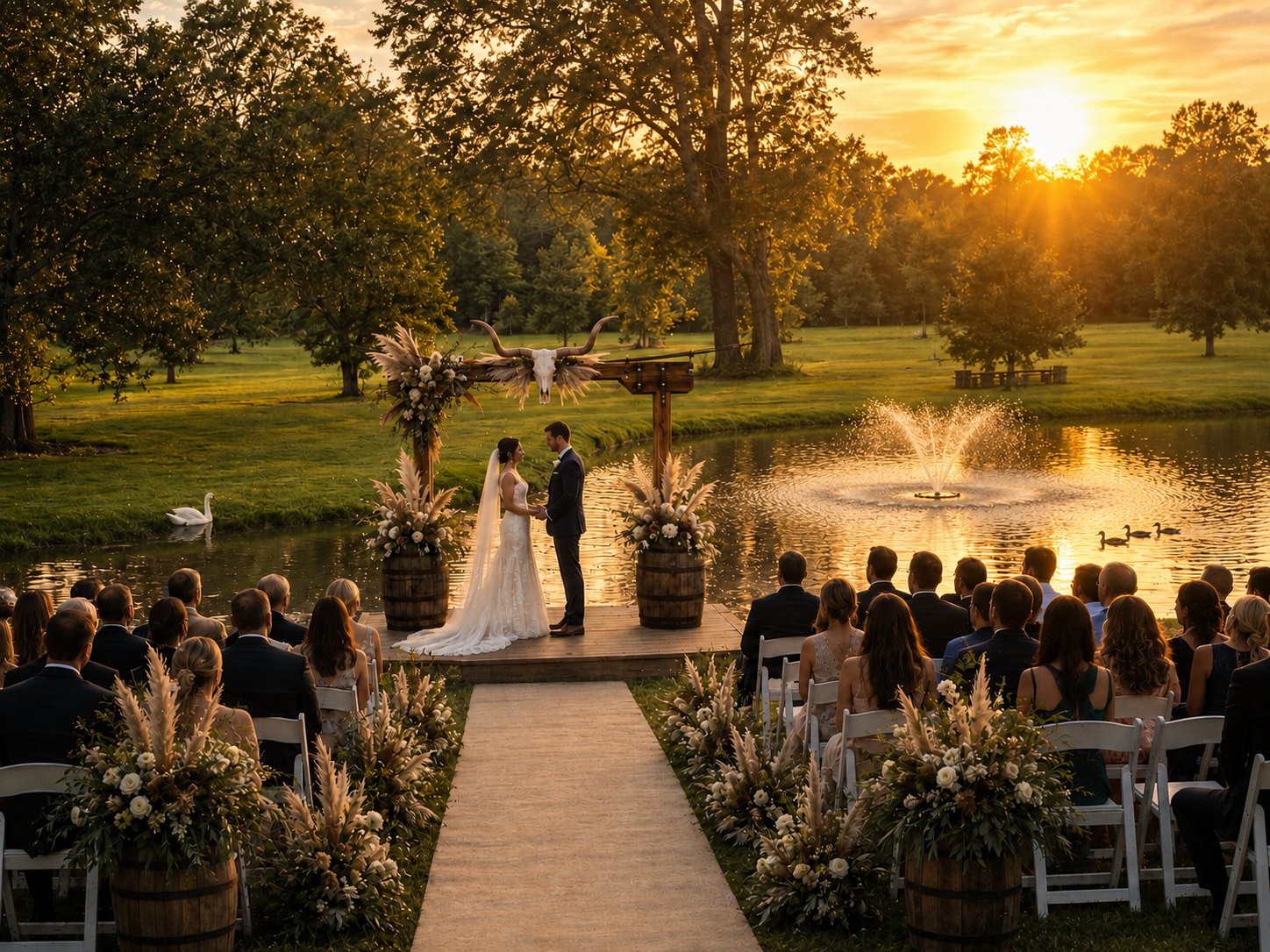 A micro-wedding ceremony on the pond bank at golden hour